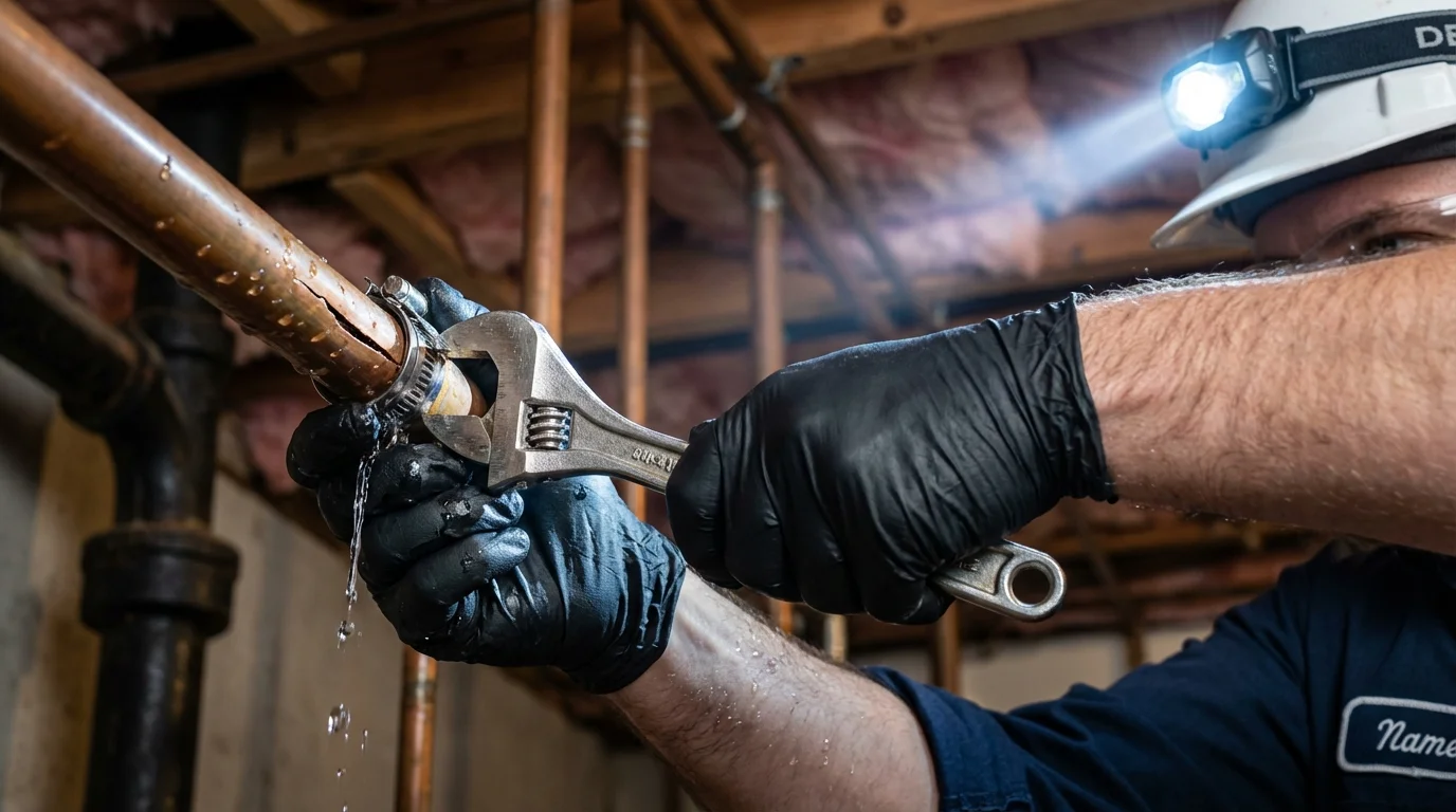 Emergency pipe clamp repair being performed by a Johns Plumbing LLC plumber in Algoma